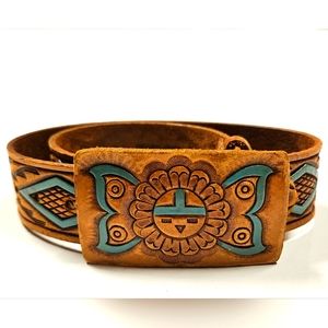 Vintage tooled leather hand painted Turquoise painted native American belt